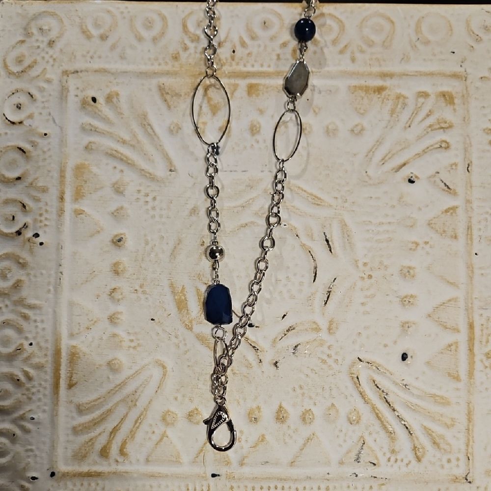 Badge Lanyard ID Charm Holder Necklace Dk Blue Silver
